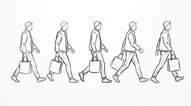 A sequence of line art drawings showing a man walking while carrying a shopping bag.