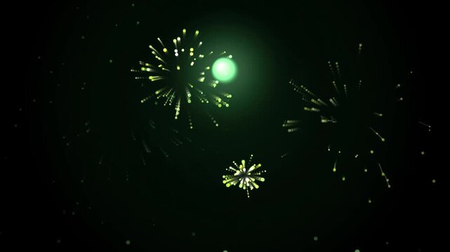 Green neon particle fireworks motion background, with glowing light orbs 