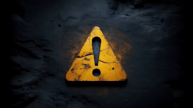 Weathered yellow hazard triangle with a black exclamation mark on a dark textured background, representing caution and, industrial safety alerts