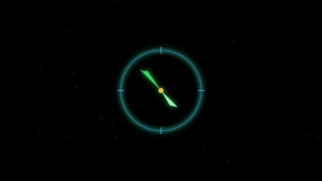Neon digital clock interface with rotating hands motion