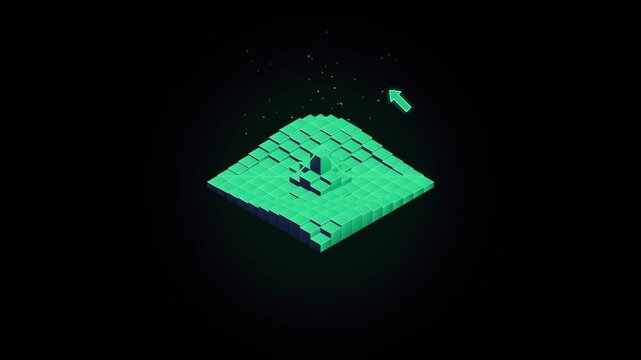 Isometric 3 d data visualization grid with pulsing green cubes and particle effects with motion background.