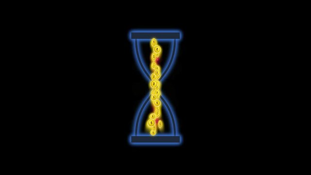 Neon hourglass with falling gold coins: financial time management motion concept 