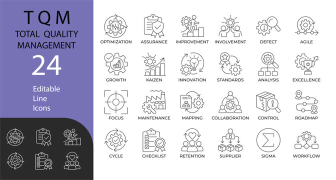 Total quality management line icon set. Contains symbols for optimization, assurance, kaizen, and standards. Line vector design for corporate presentations and workflow.