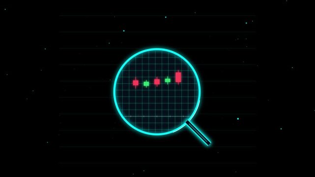 Financial market analysis with glowing magnifying glass and candlestick chart with motion background.