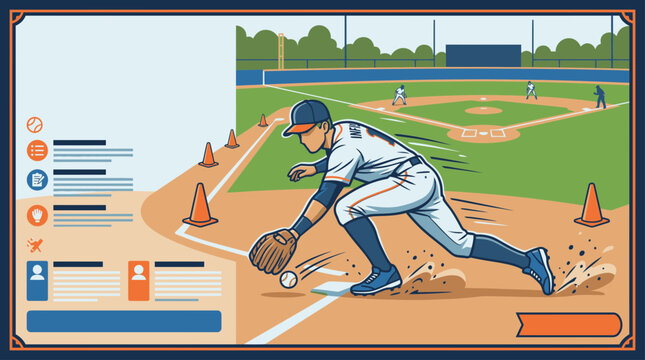 Vibrant illustration of a baseball infielder making a dynamic play on the field, enhanced by a modern digital interface showcasing game statistics and player data