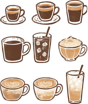 Vintage stamp style coffee drink illustration set