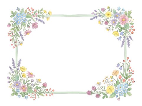 Rectangular border with wildflowers corners", watercolor illustration, isolated on white background