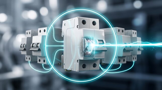 Modern modular circuit breaker with glowing electrical discharge effect conceptualizing smart grid technology and advanced power distribution systems for industrial electrical engineering