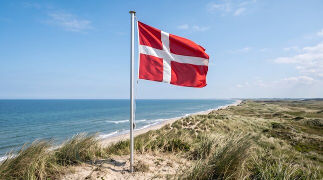 National flag of Denmark waving on flagpole over coastal sand dunes with blue sea background