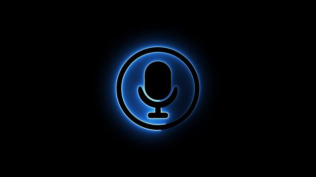 A glowing blue neon outline encircles a dark microphone creating a futuristic and digital representation of voice activation or audio technology on a black backdrop. Keywords: microphone, symbol