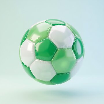 green and white soccer ball floating on pastel background, football sport and eco friendly concept