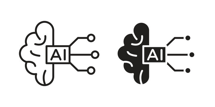 AI brain icon flat outline in black
