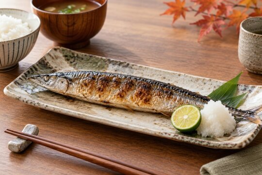 長角皿に盛り付けられたサンマの塩焼き 大根おろしとすだち添え