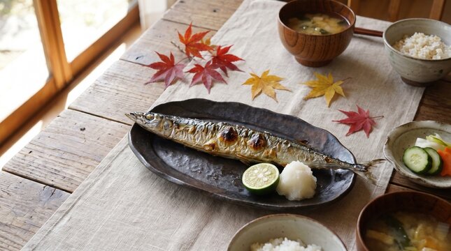 たっぷりの大根おろしと青すだちを添えたジューシーなサンマの塩焼き