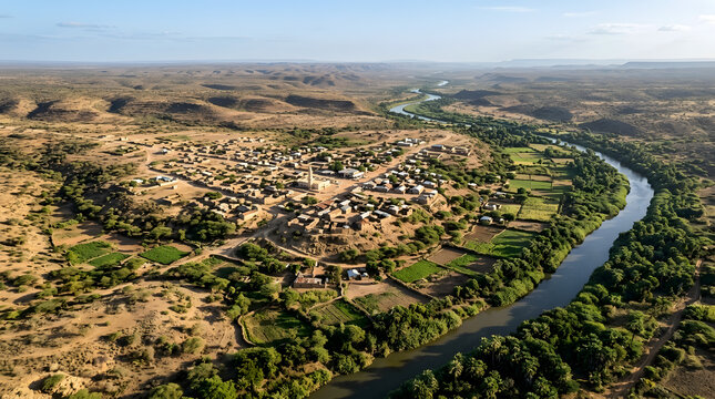 Aerial View of Rural African Village  Winding River, Arid Landscape with Greenery