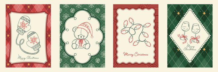 Obraz premium Vintage Christmas greeting card template set. Hand drawn line art on red and green plaid background. Classic festive vector illustration.