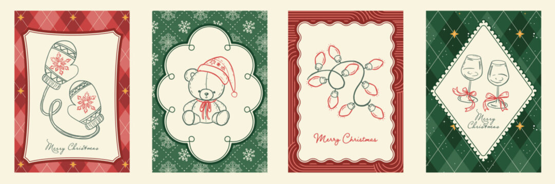 Vintage Christmas greeting card template set. Hand drawn line art on red and green plaid background. Classic festive vector illustration.