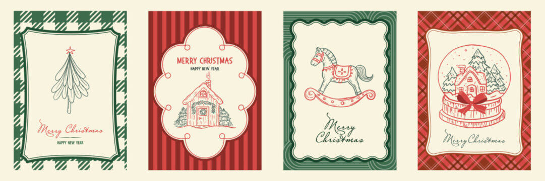Vintage Christmas greeting card template set. Hand drawn line art bow on red and green plaid background. Classic festive vector illustration.