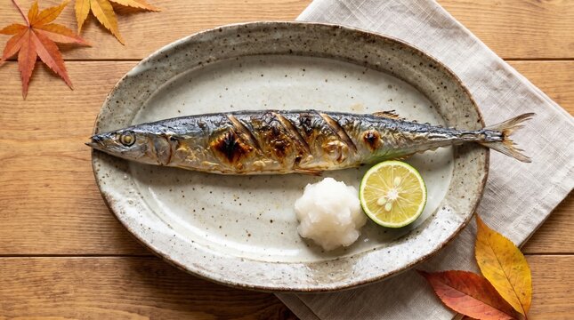 真上から見下ろす俯瞰アングルの香ばしいサンマの塩焼きと大根おろし