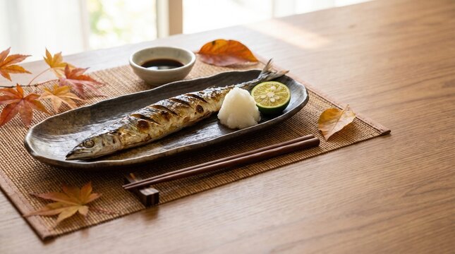 大葉と大根おろしと柑橘が彩る香ばしいサンマの塩焼き