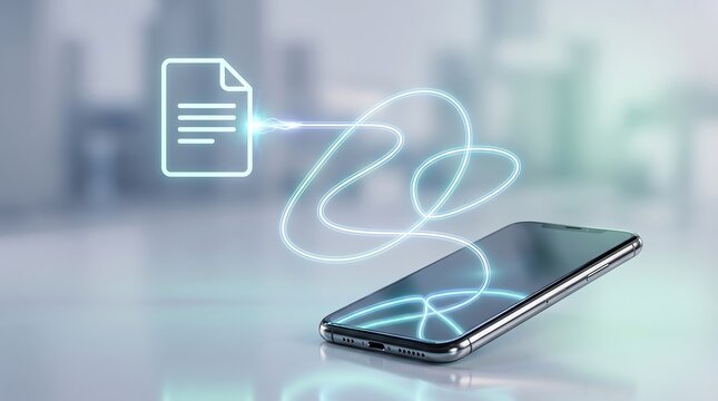 Digital document icon transferring data via glowing light path to mobile device representing complex cloud synchronization and modern file management workflow concepts