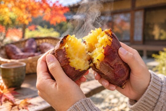 ニットを着た両手で湯気の立つ焼き芋を割る温かい手元 秋の屋外