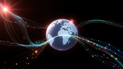 Fototapeta premium Planet Earth surrounded by glowing lines, representing connections. Bright star visible, dark background dominates image.