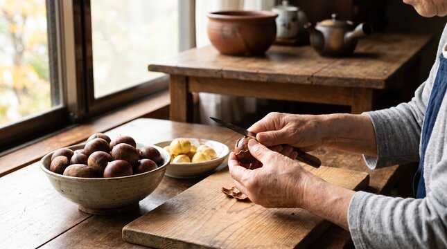 ペティナイフで生栗の鬼皮を丁寧にむく料理人の手元