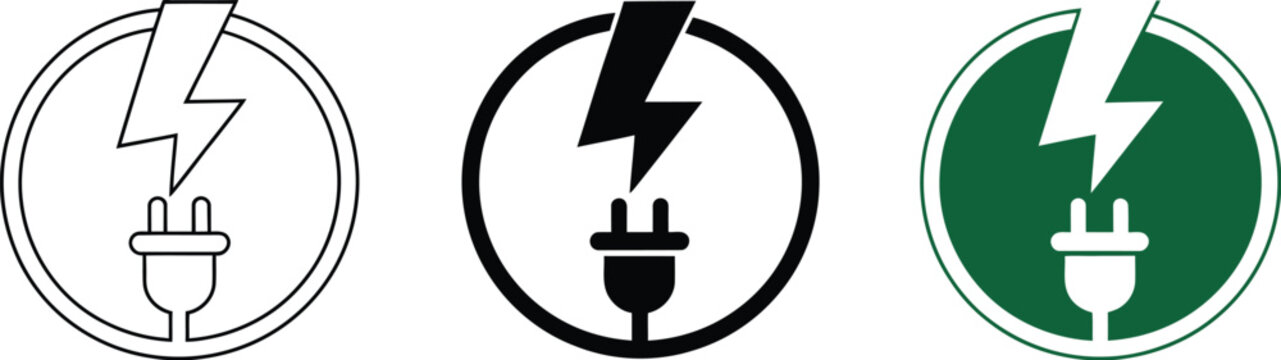 Electric car charging icon set, plug cable and lightning bolt symbols featuring power stations for electric vehicles, clean energy, and transport