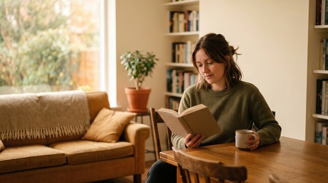 Woman reading book with coffee in cozy home interior