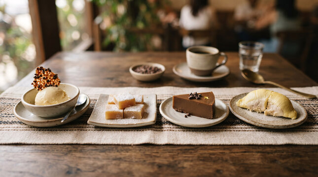 Tropical dessert tasting assortment featuring durian, vanilla ice cream, chocolate confection and bite-sized sweets in a cozy cafe setting.