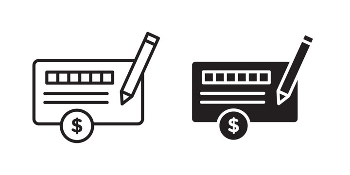 Money check icon flat outline in black