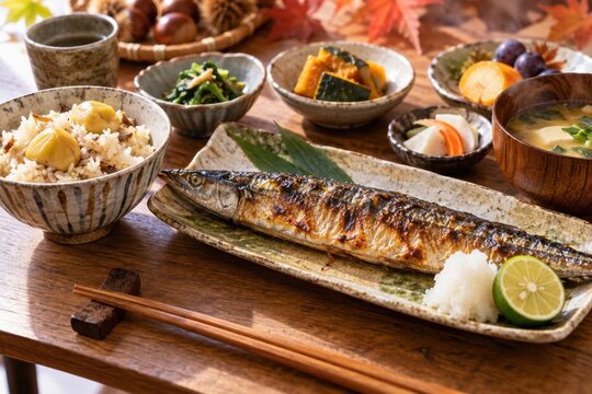 日本の秋の贅沢定食 サンマの塩焼きと栗ご飯とかぼちゃの煮物と味噌汁