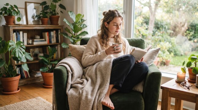 Woman reading book with coffee in cozy armchair