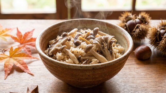 香りと彩りが豊かな伝統のキノコご飯 陶器の器盛り