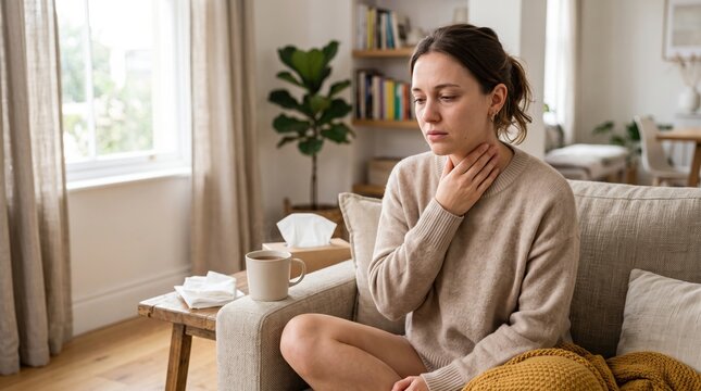 Woman touching sore throat while resting at home