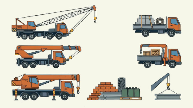 Construction Equipment Set Featuring Cranes Trucks and Heavy Machinery