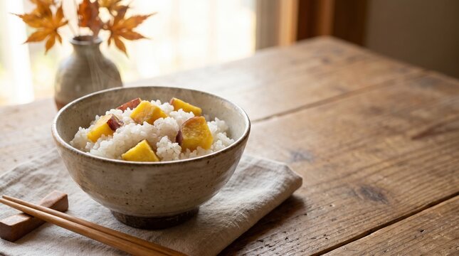 角切りさつまいもと一緒に炊き上げた風味豊かなさつまいもご飯