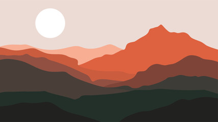 Obraz premium Minimalist landscape illustration featuring overlapping mountain ranges in warm terracotta and brown tones with a bright sun