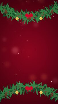 Christmas Fir Garland Border with Berries on Crimson Background