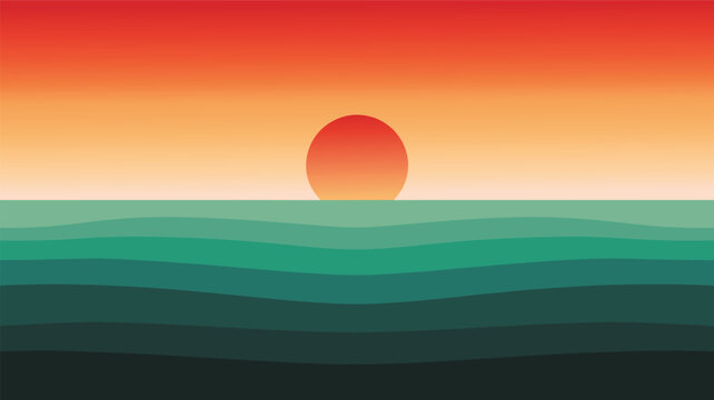 Minimalist vector illustration of a sunset over the ocean featuring vibrant gradient colors and stylized waves