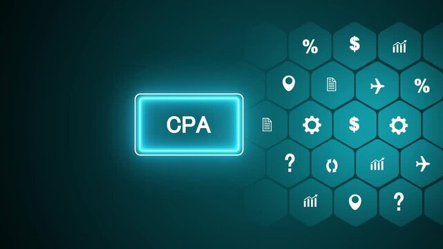 Illuminated cyan digital button with the text CPA on a dark teal background featuring a hexagonal grid of white related to business and finance