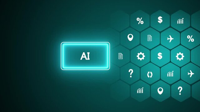 Bright cyan digital button displaying AI on a dark teal background with a hexagonal grid of white symbolizing technology and data