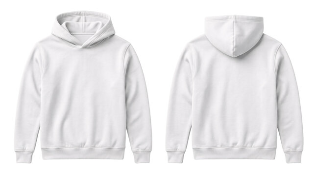 Front and back view of a plain white hoodie with hood and solated on transparent background