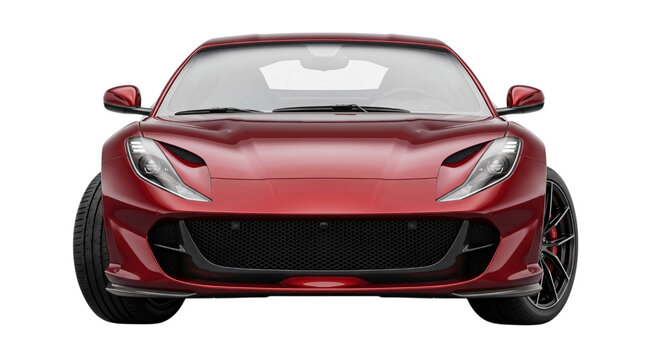 Front view of a shiny red sports car with black grille and solated on transparent background