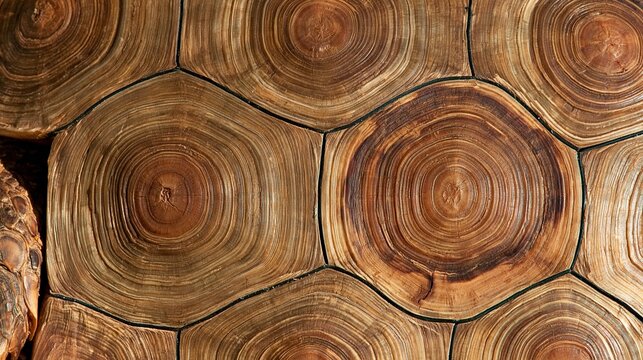 Close up textured pattern of a tortoise shell showing concentric rings and natural brown hues