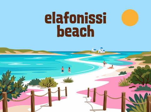elafonissi beach coastal landscape ocean shoreline travel tourism nature destination famous beach crete greece pink sand turquoise water island tropical summer vector cartoon