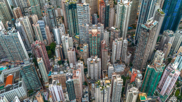 Densely clustered skyscrapers seen from a high angle in Hong Kong