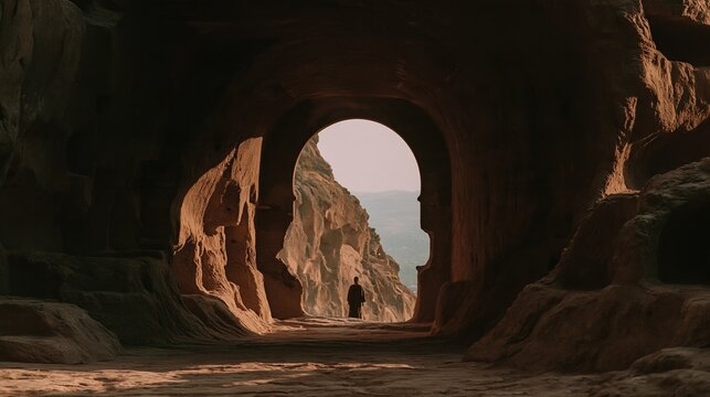 Mysterious silhouette emerges from ancient cavern entrance bathed in warm sunset light