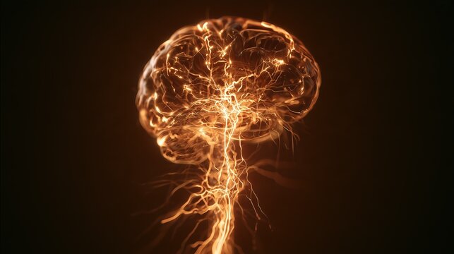 International Dysautonomia Awareness Month: 3D CGI medical render, translucent glowing human brain and spinal cord with visible electrical nerve signals pulsing toward the heart